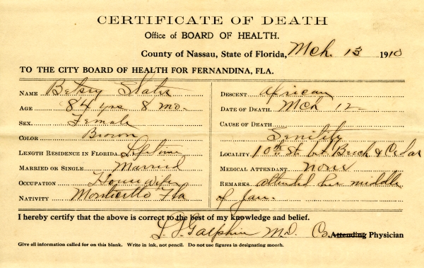 Slater, Betsy death certificates