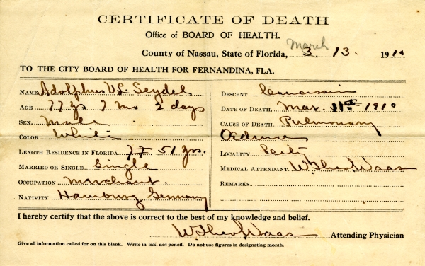 Seydel, Adolphus V.L. death certificates