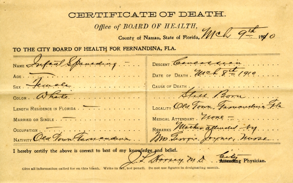 Spaulding, Infant death certificates