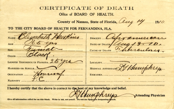 Hawkins, Elizabeth death certificates
