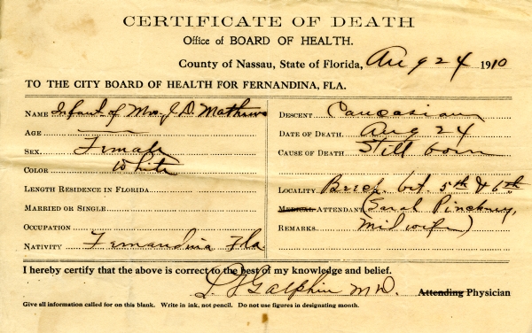 Mathews, Infant of Mrs. J.D. death certificates