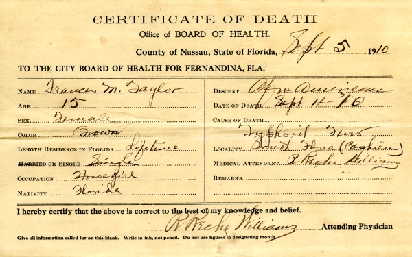 Taylor, Frances M. death certificates