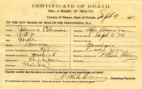 Coleman, James death certificates