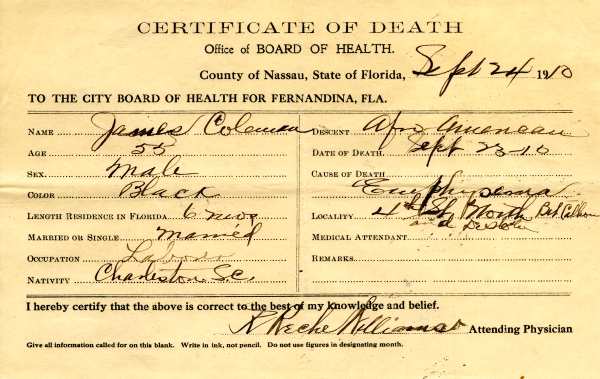 Coleman, James death certificates