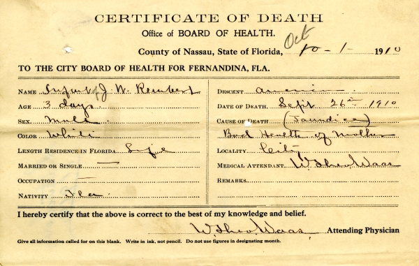 Rembert, Infant of J. W. death certificates