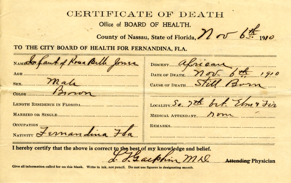 Jones, Infant of Rosa Belle death certificates