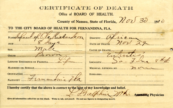 Richardson, Infant of Ola death certificates