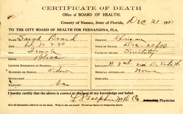 Beard, Sarah death certificates
