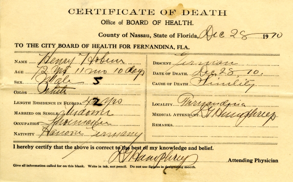Hobin, Henry death certificates
