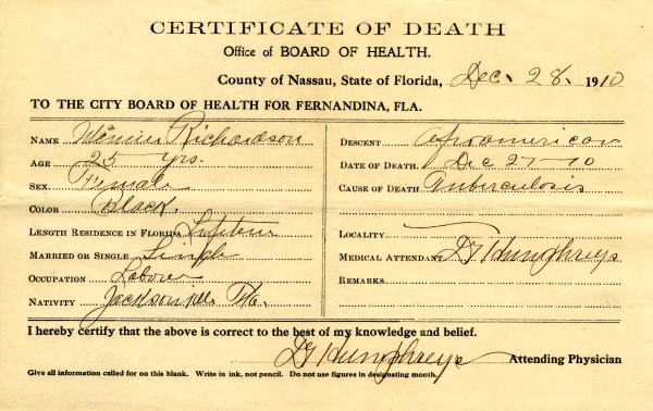 Richardson, Winnie death certificates