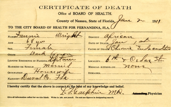 Wright, Fannie death certificates