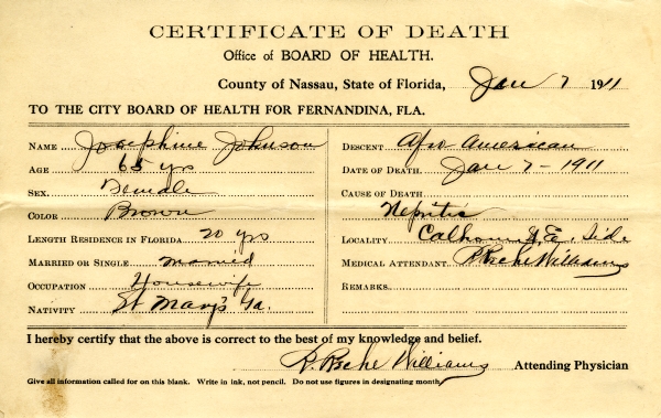 Johnson, Josephine death certificates