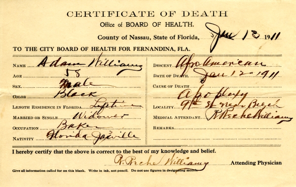 Williams, Adam death certificates