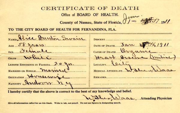 Swain, Alice Denton death certificates