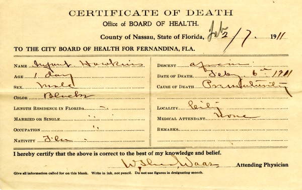 Hawkins, Infant death certificates