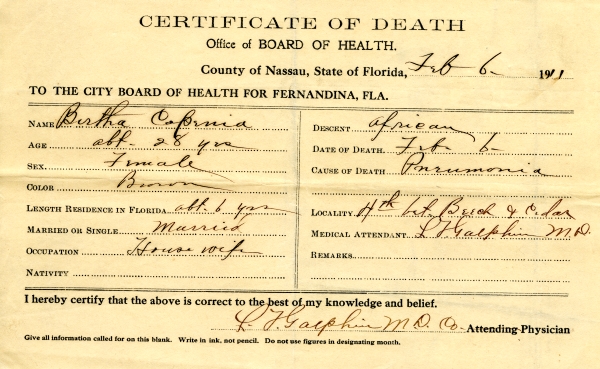 Copenia, Bertha death certificates