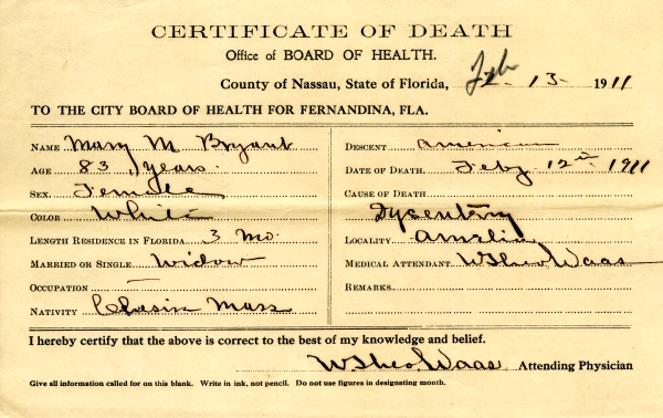 Bryant, Mary M. death certificates