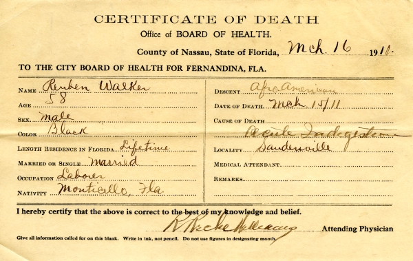 Walker, Reuben death certificates
