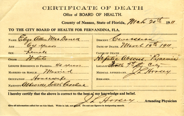 MacDonell, Eliza Allen death certificates