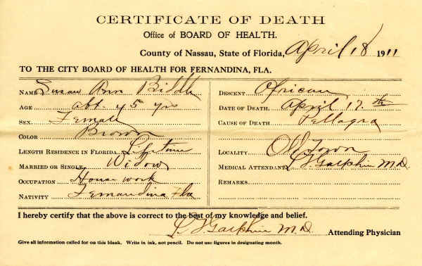 Biddle, Susan Ann death certificates