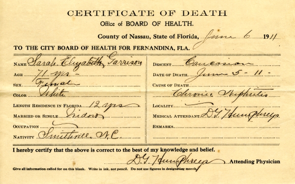 Garrison, Sarah Elizabeth death certificates