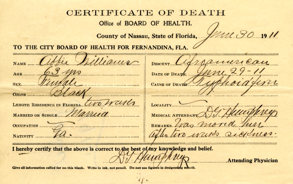 Williams, Abbie death certificates