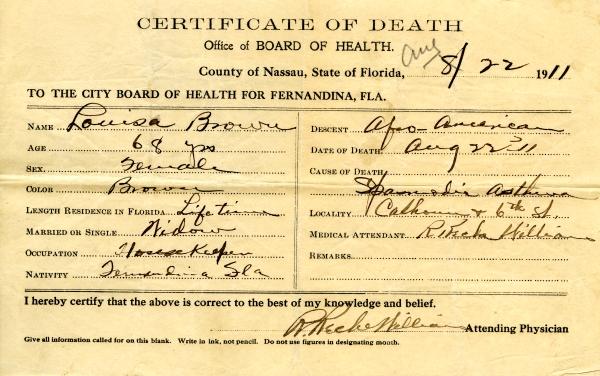Brown, Louisa death certificates