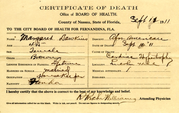 Dawkins, Margaret death certificates