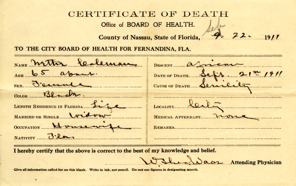 Coleman, Nettie death certificates