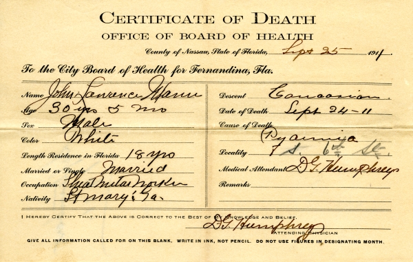 Mann, John Lawrence death certificates