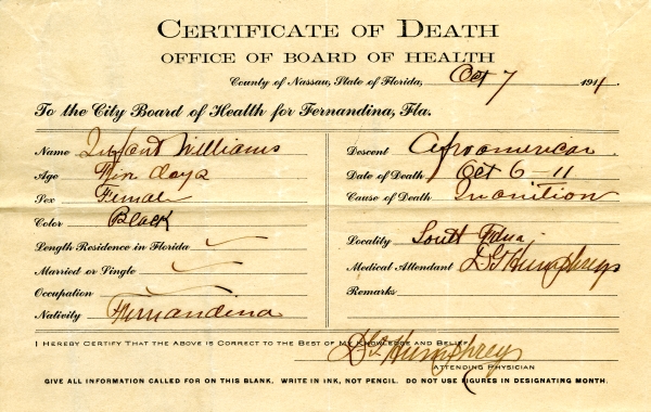 Williams, Infant death certificates