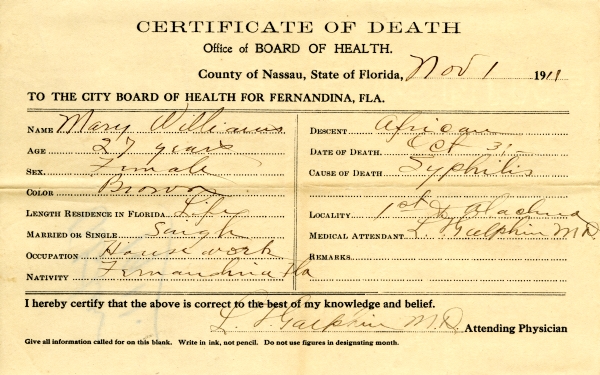 Williams, Mary death certificates