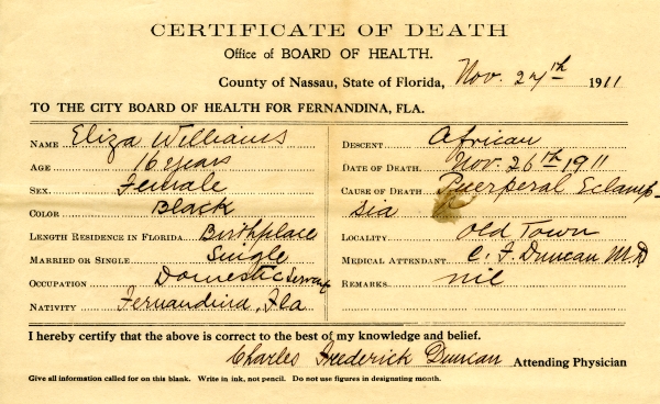 Williams, Eliza death certificates