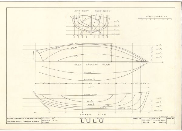 Technical Drawing of the Sloop Lulu, ca. 1938