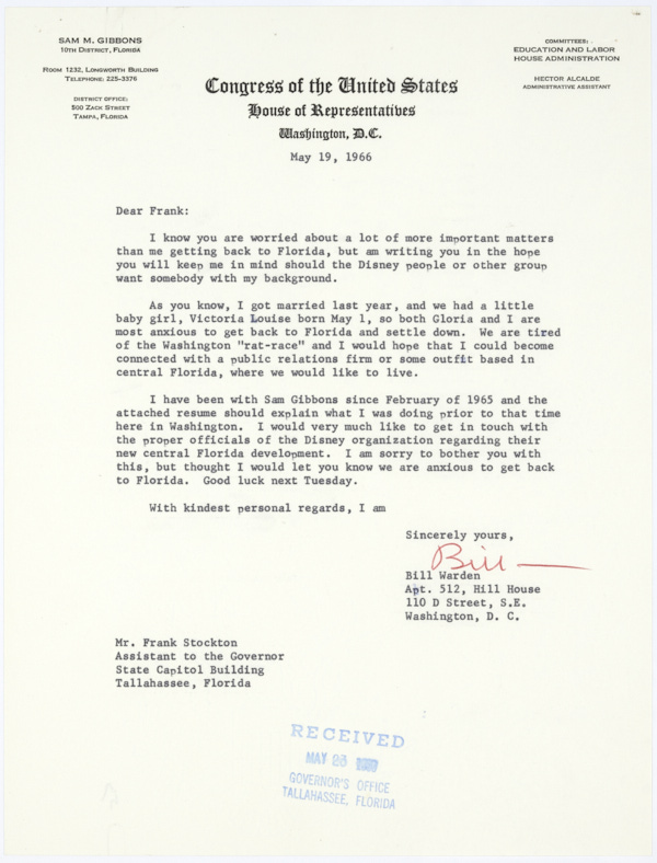 Letter from Bill Warden to Frank Stockton Asking for Contacts at Disney, May 19, 1966