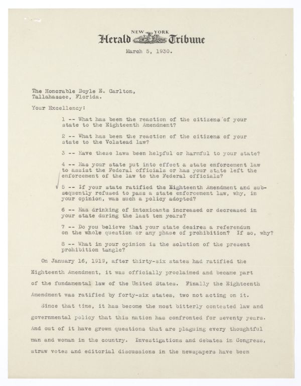 Survey Questions Regarding Prohibition Sent by R.C. McCabe of the New York Herald Tribune to Governor Doyle Carlton, March 5, 1930