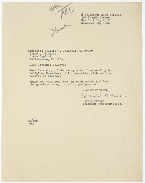 Correspondence between Harold Preece and Governor Millard Caldwell Regarding Lynching of Jesse James Payne, November, 1945