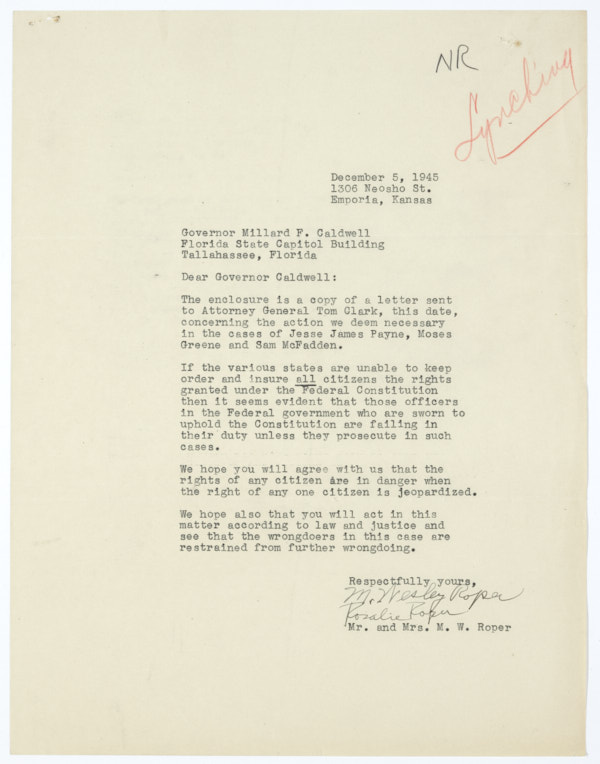 Letter from Mr. and Mrs. Marion Wesley Roper to Governor Millard Caldwell Regarding Lynchings in Florida