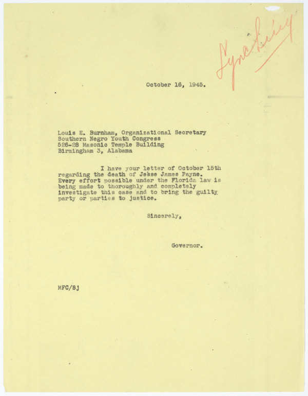 Letter from Louis E. Burnham to Governor Millard Caldwell Regarding Lynching of Jesse James Payne, October 15, 1945