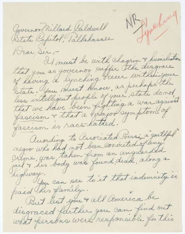 Letter from Marguerite Starr to Governor Milliard Caldwell Regarding Lynching of Jesse James Payne