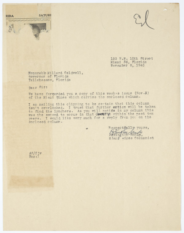Letter from Arlington Sands to Governor Millard Caldwell Regarding a Miami Times Column about Jesse James Payne, November 8, 1945