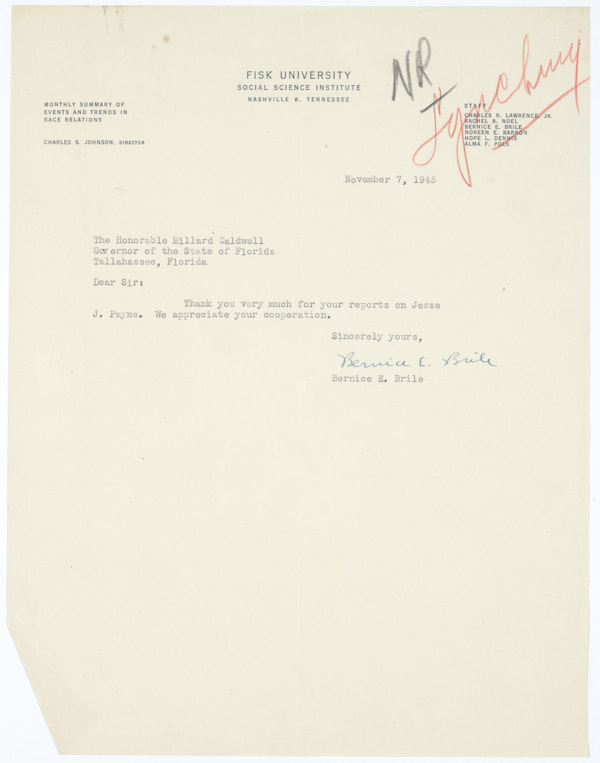 Letter from Bernice E. Brile to Governor Millard Caldwell Regarding Lynching of Jesse James Payne, November 7, 1945