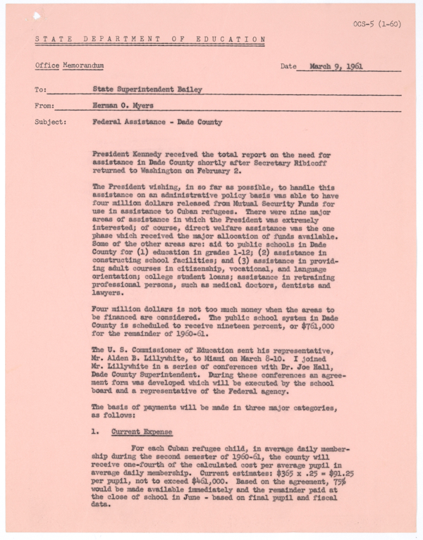 Memorandum from Herman O. Myers to Thomas D. Bailey Regarding Federal Aid for Education of Cuban Refugees in Dade County, March 9, 1961