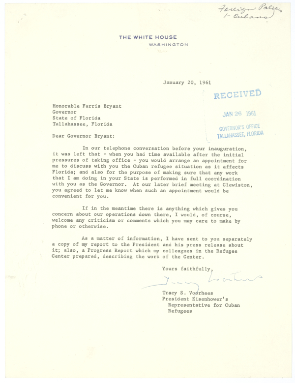 Letter from Tracy S. Voorhees to Governor Farris Bryant Regarding the Cuban Refugee Situation, January 20, 1961