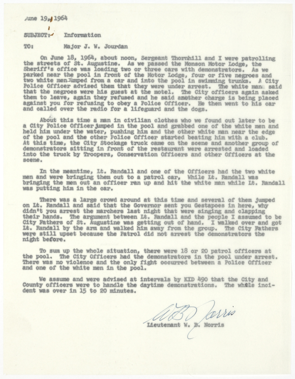 Memorandum from Lieutenant William B. Norris to Major J.W. Jourdan Regarding a Civil Rights Demonstration at the Monson Motor Lodge in St. Augustine, June 19, 1964