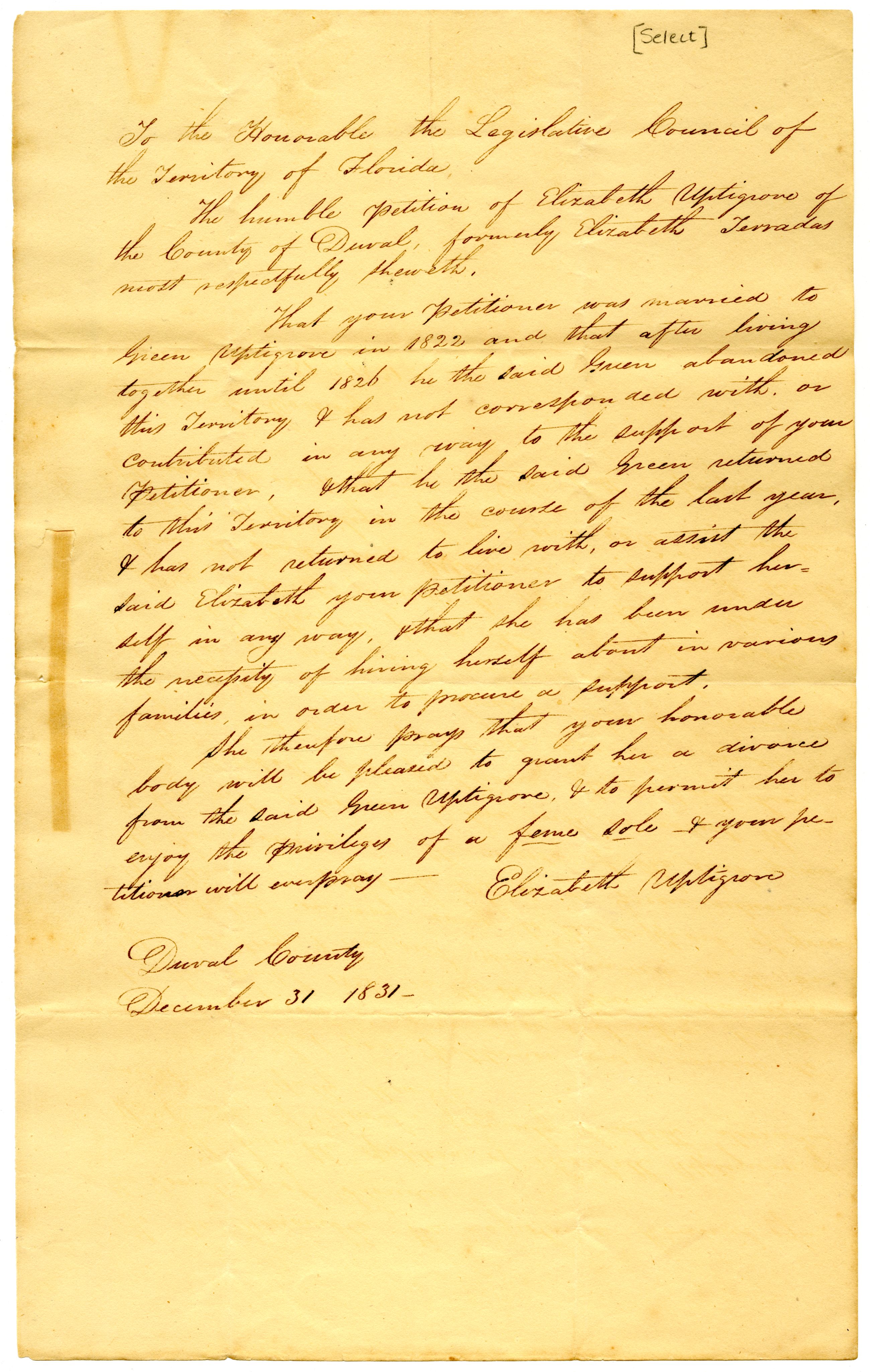 Florida Memory • Divorce Petition of Elizabeth Uptigrove with Supporting  Affidavits, 1831