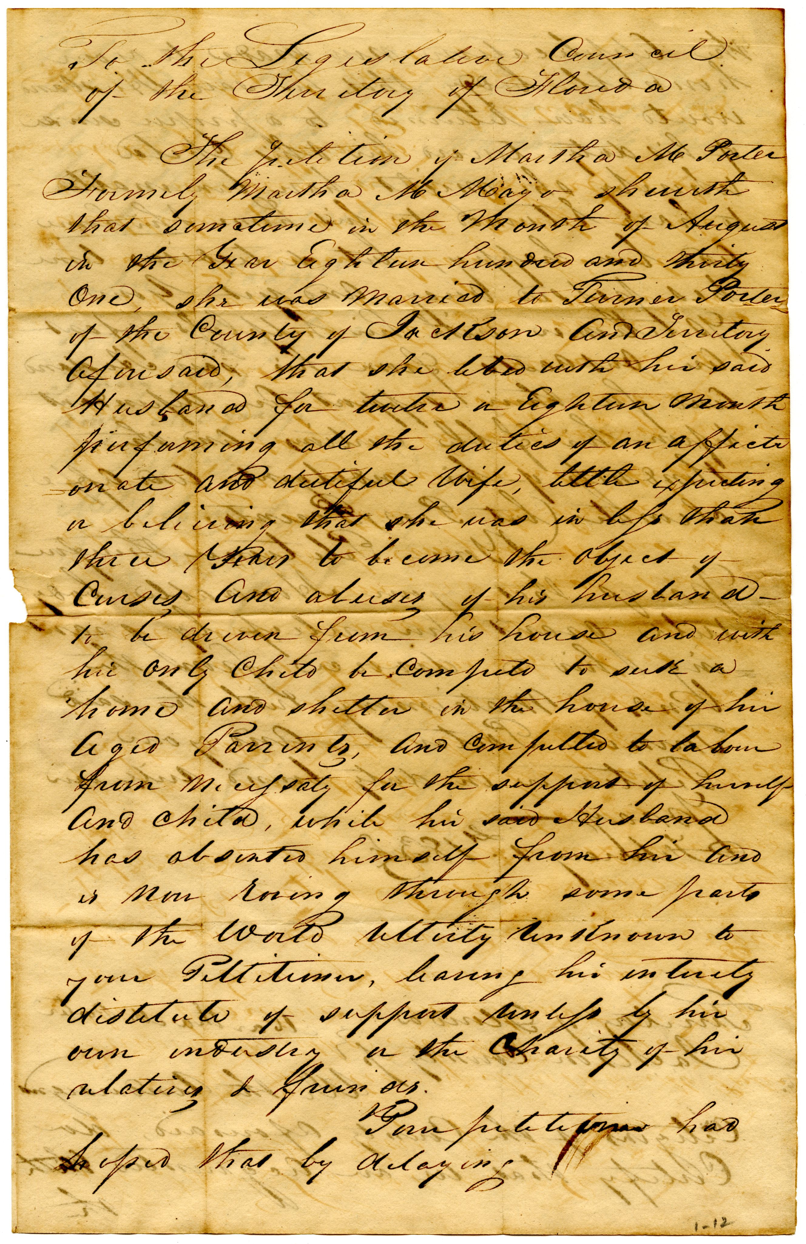 Florida Memory • Divorce Petition of Martha M. Porter, 1834