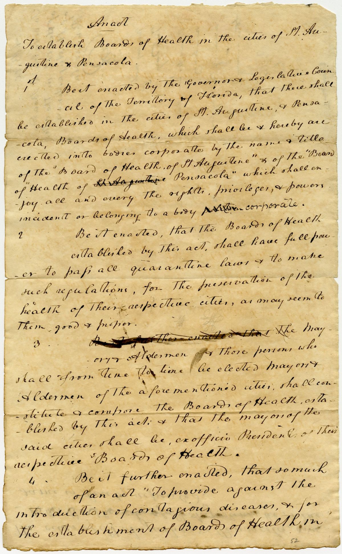 Draft of an Act to Establish Boards of Health in Saint Augustine and Pensacola, 1823