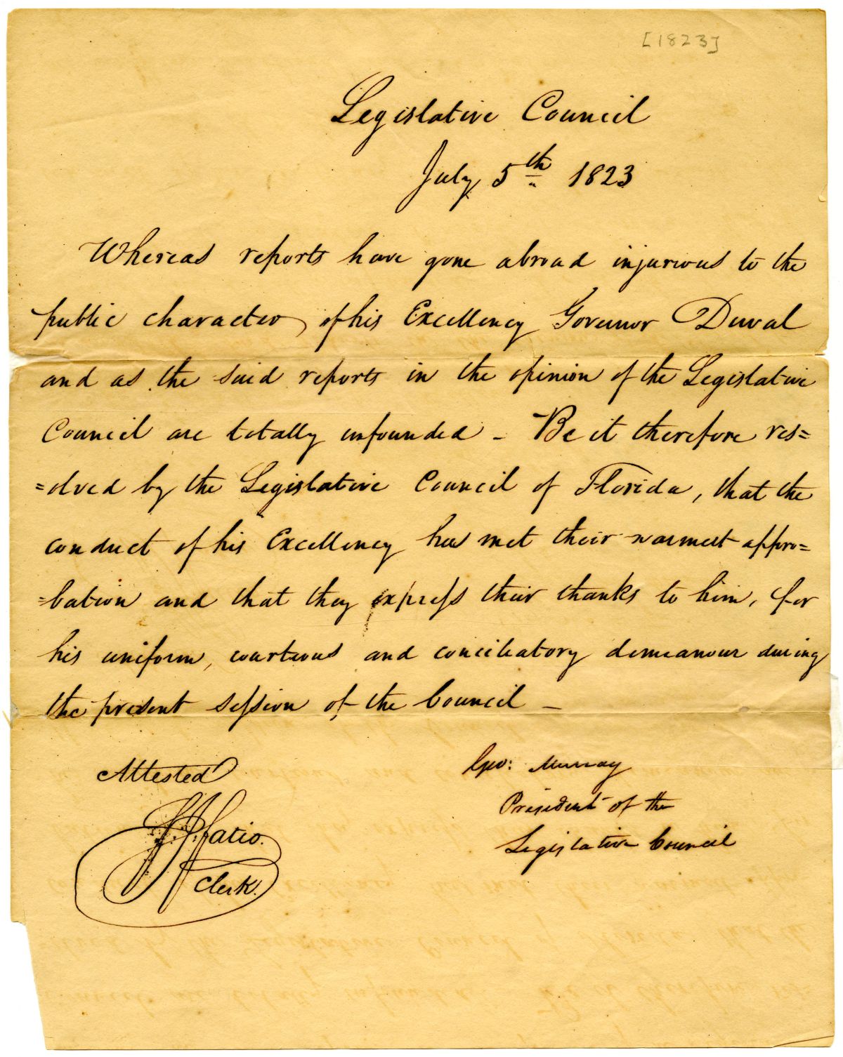 Resolution Condemning Character Assaults on Governor William Pope Duval, 1823