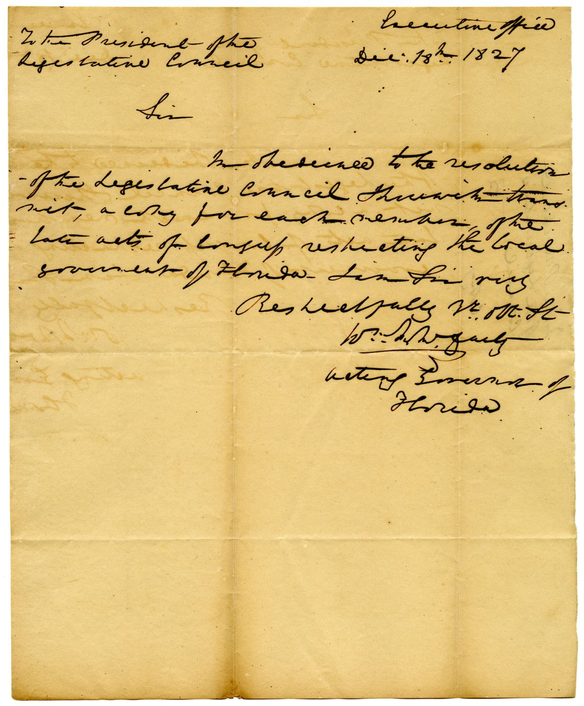 Letter from Acting Governor William McCarty to the President of the Territorial Legislative Council Transmitting Acts of Congress to the Council, 1827